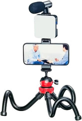 PLOKAMA - PK-776-5-in-1 Smartphone Video Rig, Camera Mount Stabilizer with LED Light, Microphone, U-Grip Handle - (Black)