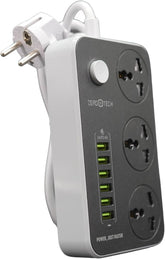 ZEROTECH Multifunctional Power Strip, 3 Power Sockets and 6 USB Ports, 2500W, 10A, Black, with Overcurrent Protection