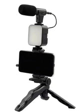 Black flexible tripod with bendable legs, holding a smartphone for video recording, live streaming, and photography
