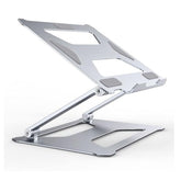Silver aluminum alloy foldable and adjustable laptop stand, compatible with 14-17 inch laptops, designed for stability and ergonomic support.