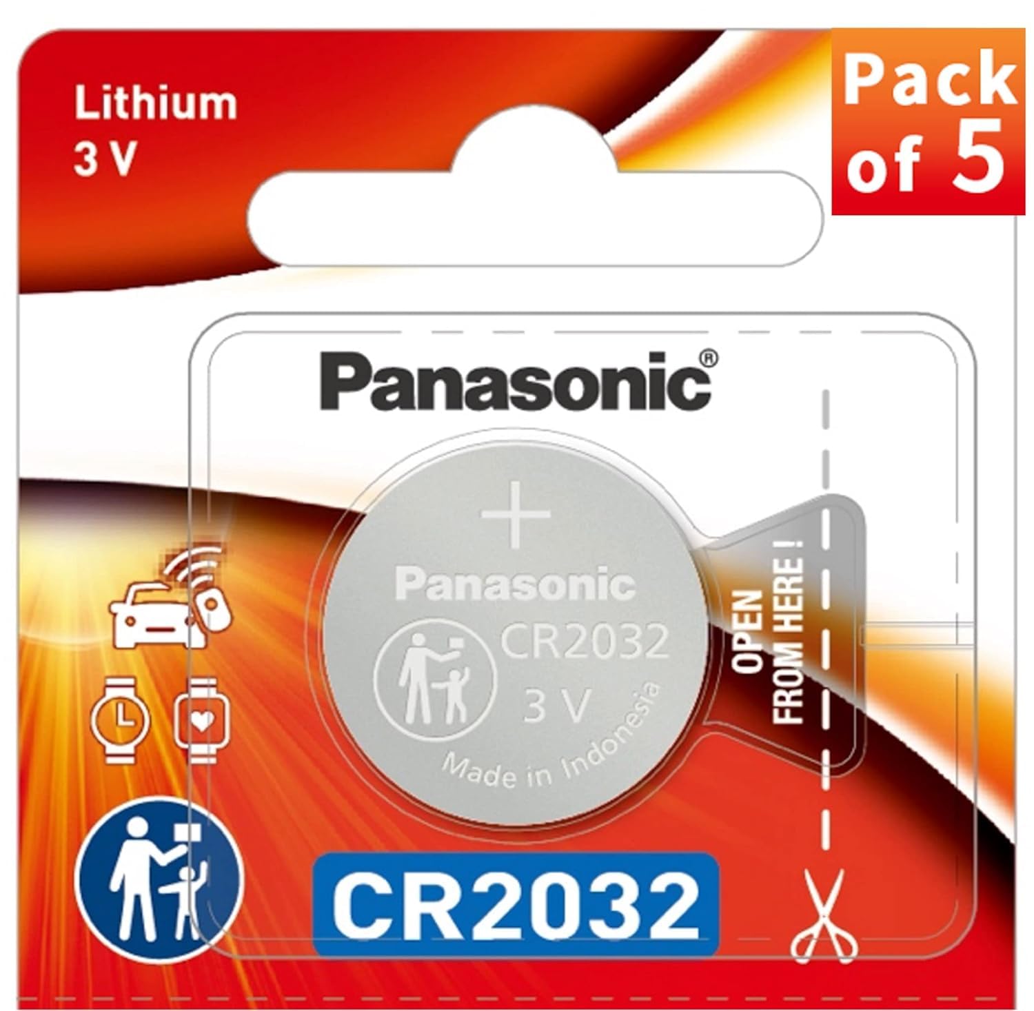 PANASONIC BATTERIES CR2032 LITHIUM BATTERY, 3V, COIN CELL (5 pieces)