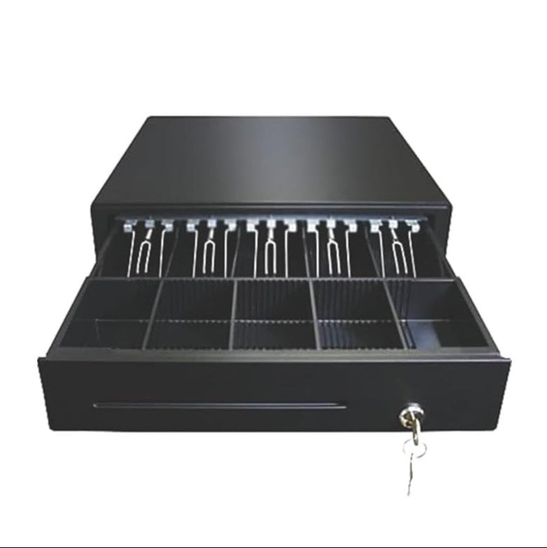 Heavy-duty 8.5 kg cash drawer with five compartments, ideal for secure cash management in retail stores and POS systems.