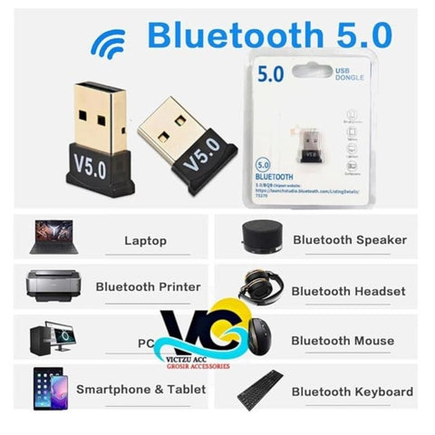 Bluetooth 5.0 USB Dongle Adapter for Windows, supports PC, laptop, mouse, keyboard, printers, headsets, and game controllers.