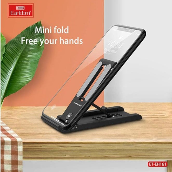 Earldom EH-161 Desktop Adjustable Aluminum Alloy Smartphone Stand with a foldable design, ergonomic viewing angles, and sturdy build, ideal for hands-free phone use