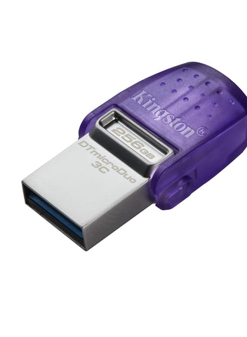 Kingston DataTraveler microDuo 3C 256GB USB flash drive with dual USB-C and USB-A connectors, compact design, and high-speed 200 MB/s transfer rate.







