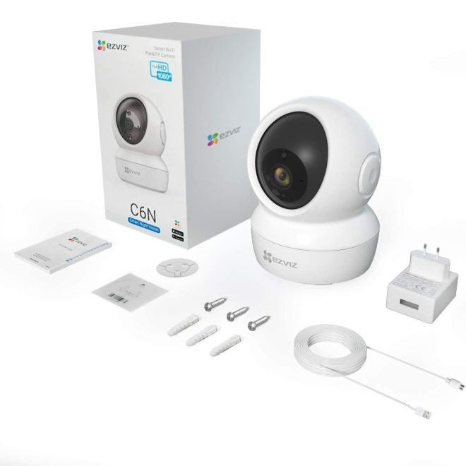 C6N Wi-Fi 2MP 1080P Smart Home Security Camera in white, featuring night vision, motion tracking, and two-way audio for home surveillance.