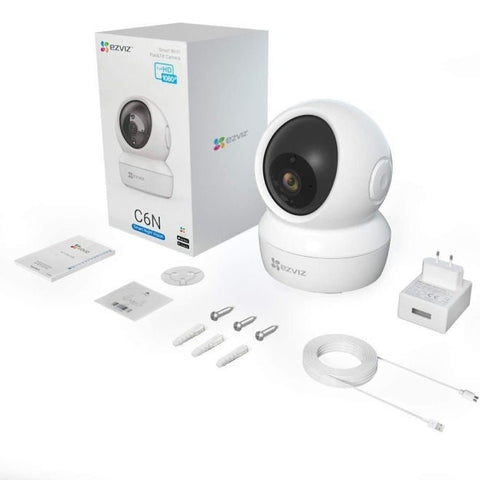 C6N Wi-Fi 2MP 1080P Smart Home Security Camera in white, featuring night vision, motion tracking, and two-way audio for home surveillance.
