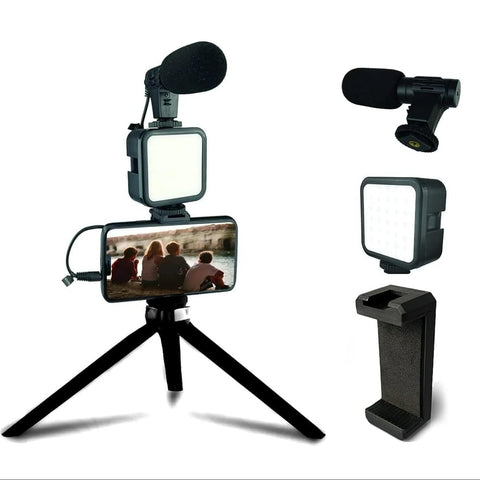 Black flexible tripod with bendable legs, holding a smartphone for video recording, live streaming, and photography