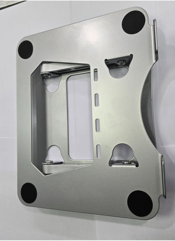 Silver aluminum alloy foldable and adjustable laptop stand, compatible with 14-17 inch laptops, designed for stability and ergonomic support.
