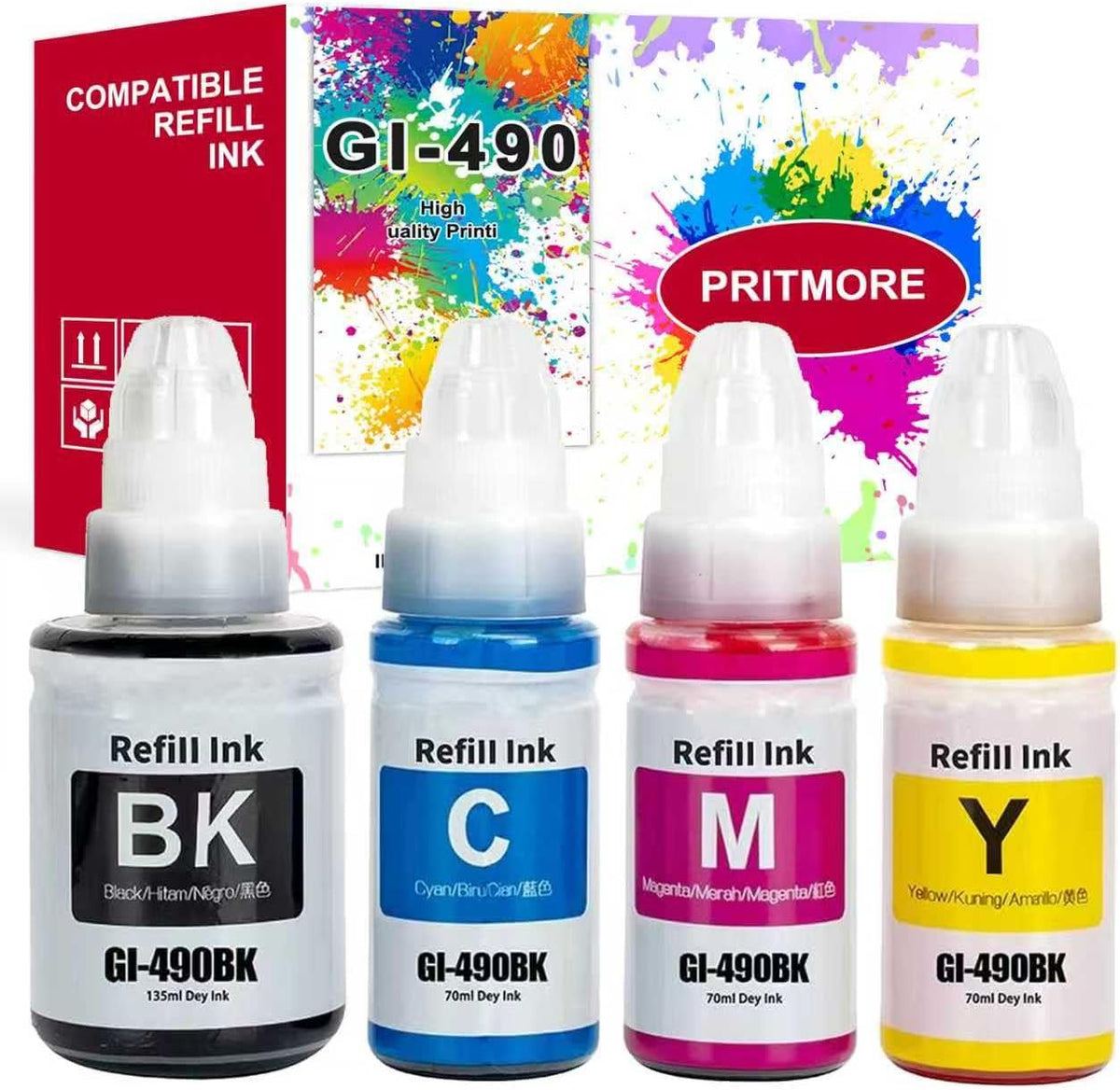 GI-490 Ink Bottle 4-Color Replacement for Canon GI-490 GI 490 Refill Ink Use for PIXMA G3400 G3410 G2400 G1400 G1411 G2411 G3411,Prints Up to 8,000 Pages (Black* 1, Cyan* 1, Magenta* 1, Yellow* 1)