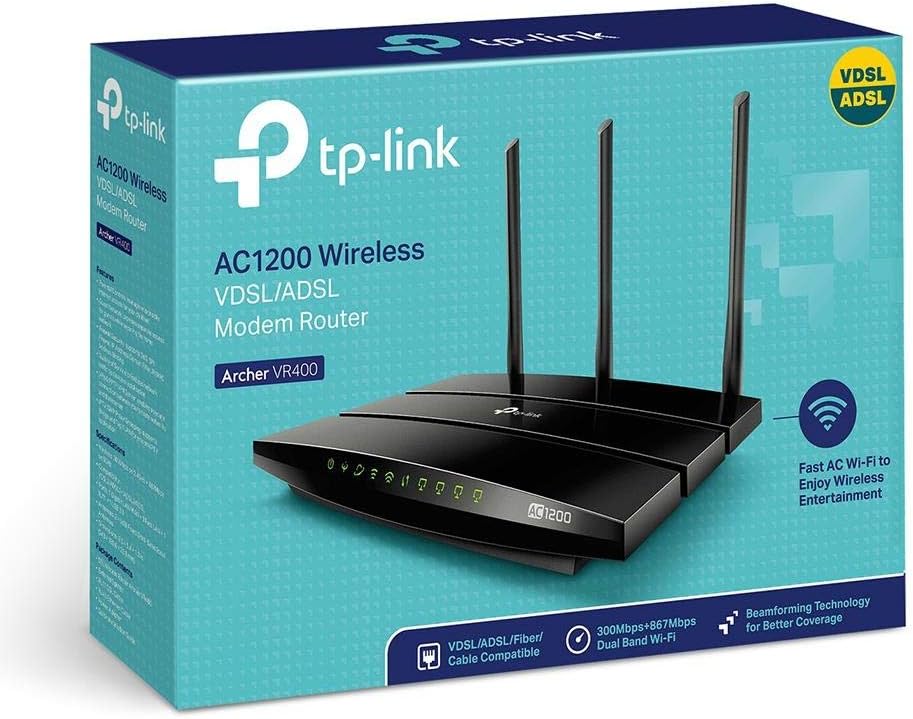 TP-Link Archer VR400-AC1200 Wireless Gigabit VDSL/ADSL Modem Router, Black