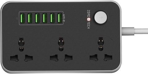 ZEROTECH Multifunctional Power Strip, 3 Power Sockets and 6 USB Ports, 2500W, 10A, Black, with Overcurrent Protection