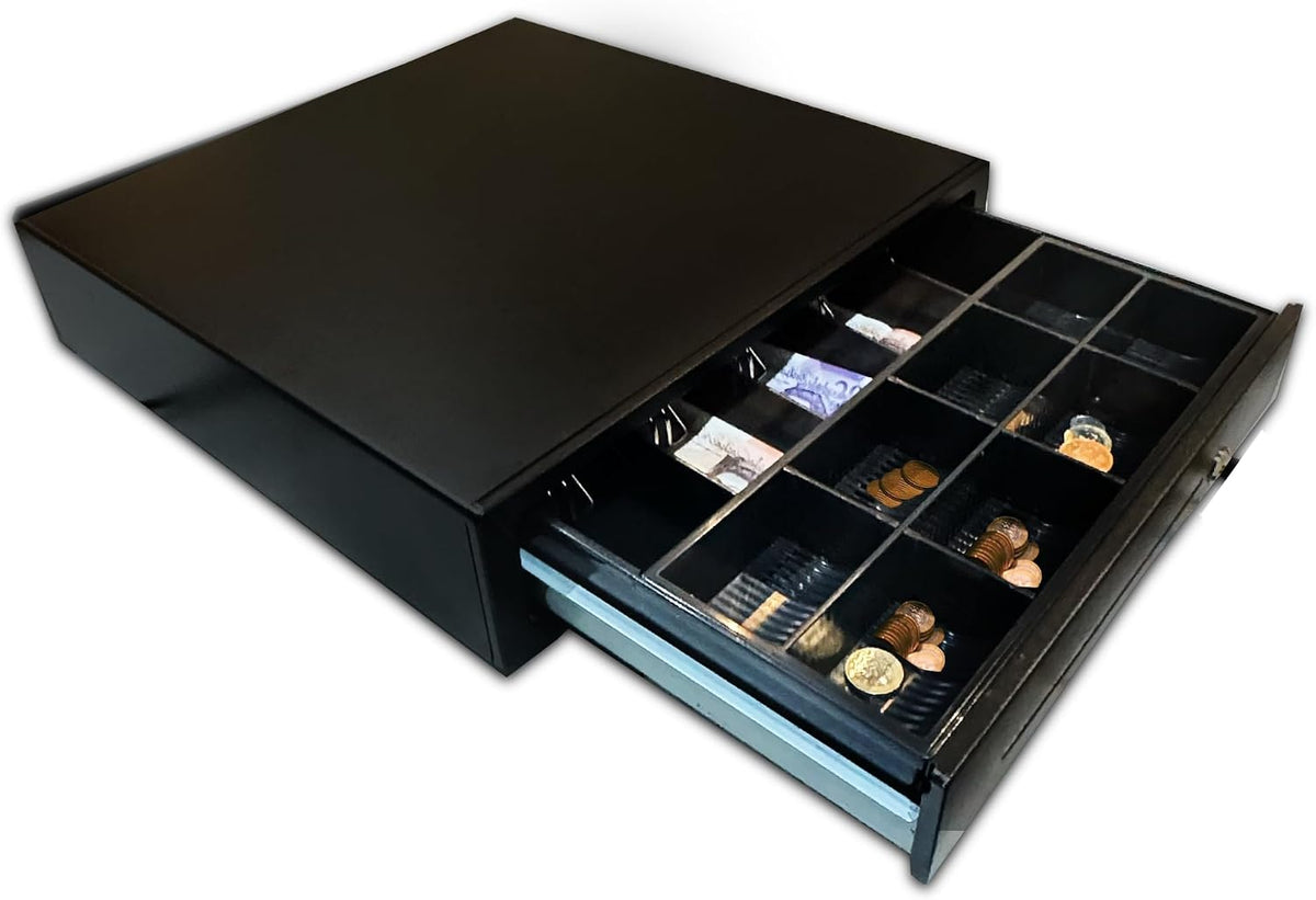 Cash Drawer with 5 Bills & 8 Removable Coins Tray | Auto-Open Cash Box with Key | Electronic Cash Register Secure Locking Mechanism for Retail, Restaurants & POS Environments | 41.5x41x10cm