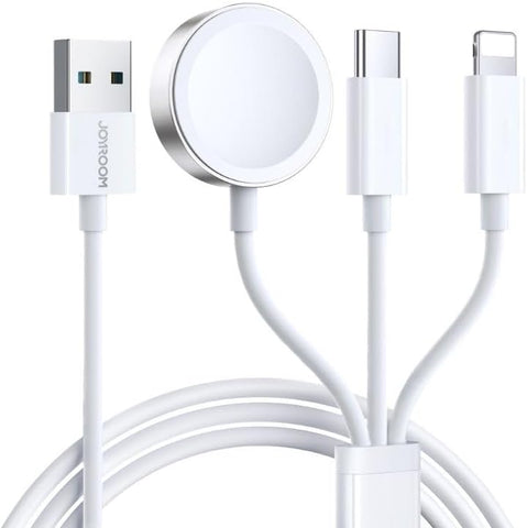 Joyroom S-IW008 3-in-1 iP Watch Magnetic Charger+Lightning+Type-C cable USB-A 1.2m-White|12 Months Warranty