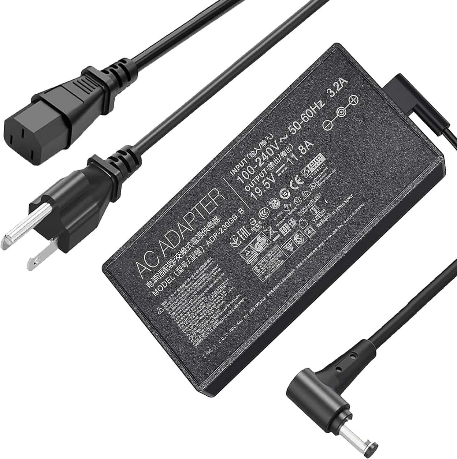 Black AC adapter power supply with a three-pin plug on one end and a right-angle barrel connector on the other, shown on a white background. The top surface has printed technical specifications and branding.