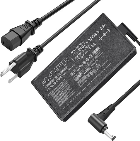 Black AC adapter power supply with a three-pin plug on one end and a right-angle barrel connector on the other, shown on a white background. The top surface has printed technical specifications and branding.