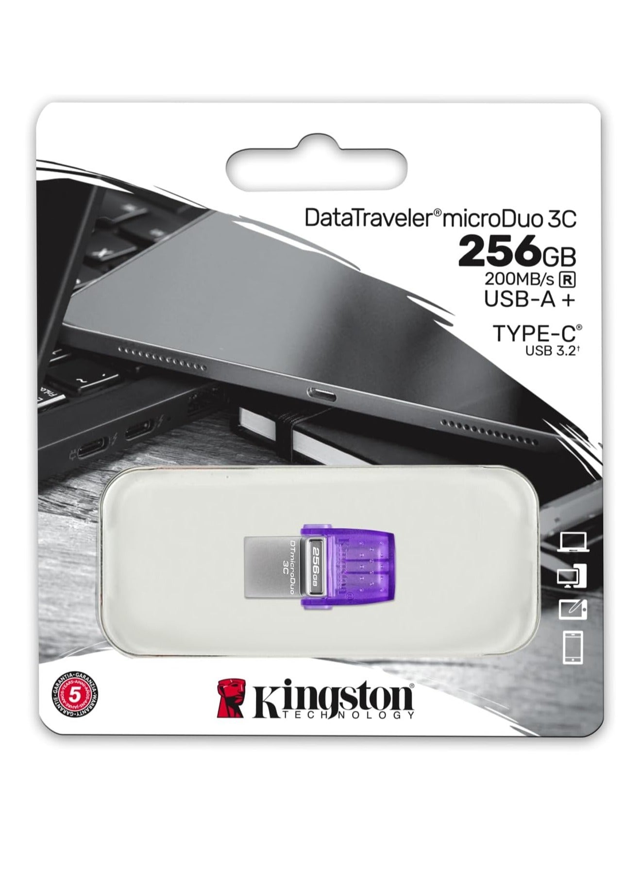 Kingston DataTraveler microDuo 3C 256GB USB flash drive with dual USB-C and USB-A connectors, compact design, and high-speed 200 MB/s transfer rate.







