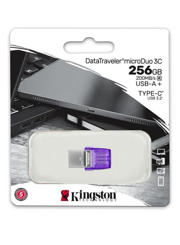 Kingston DataTraveler microDuo 3C 256GB USB flash drive with dual USB-C and USB-A connectors, compact design, and high-speed 200 MB/s transfer rate.







