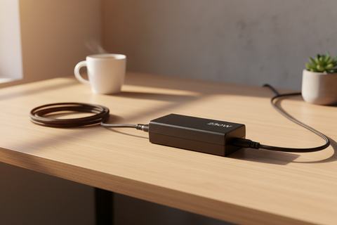 A black rectangular electronic adapter with a coiled cable on a light wood desk, with a white mug and a small potted succulent in the background.