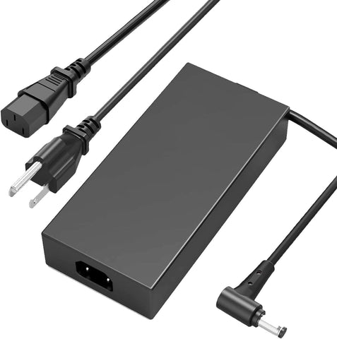 Black power adapter with multiple cables on a white background