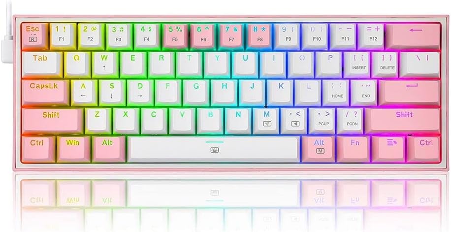 Redragon K617 Fizz 60% Wired RGB Gaming Keyboard - Red Switches - English & Arabic Keys - White Pink