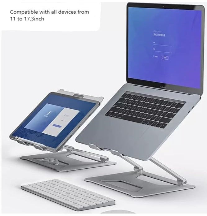Silver aluminum alloy foldable and adjustable laptop stand, compatible with 14-17 inch laptops, designed for stability and ergonomic support.