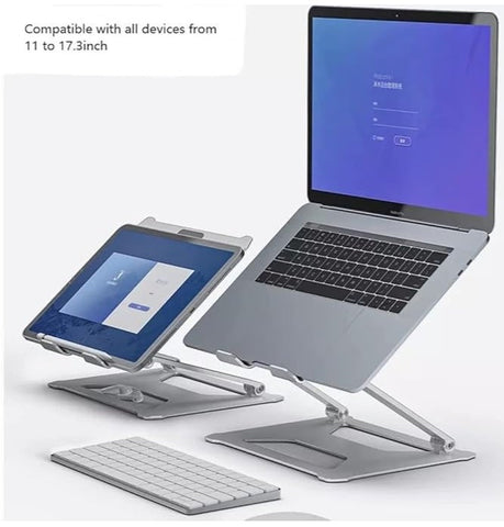 Silver aluminum alloy foldable and adjustable laptop stand, compatible with 14-17 inch laptops, designed for stability and ergonomic support.