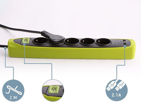 iLOCK Power Strip 5 Outlets With Switch & 2 USB - Green Silicon Cover
