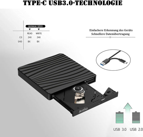 External CD/DVD Drive for Laptop, USB 3.0 & Type-C Portable CD DVD +/-RW Burner Optical