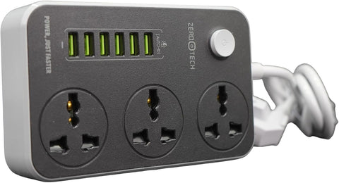 ZEROTECH Multifunctional Power Strip, 3 Power Sockets and 6 USB Ports, 2500W, 10A, Black, with Overcurrent Protection