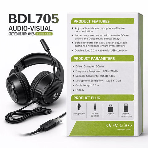 BDL705 Audio-Visual Stereo Gaming Headphones – Dolby Digital Optimized, Professional Mic & Ergonomic Fit