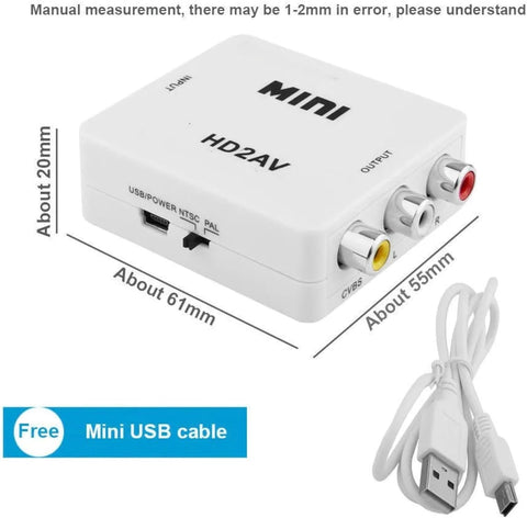 HDMI To AV Composite Video Adapter with Audio Support – Mini HD2AV 1080p Converter – USB Powered, Plug & Play – White