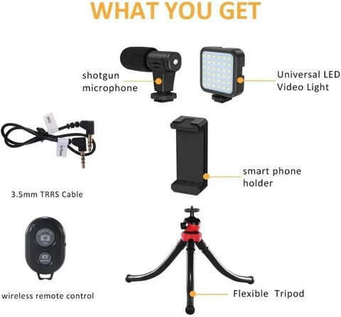 PLOKAMA - PK-776-5-in-1 Smartphone Video Rig, Camera Mount Stabilizer with LED Light, Microphone, U-Grip Handle - (Black)