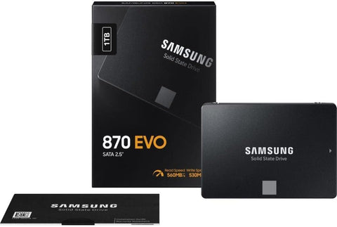870 EVO 1TB SSD داخلي SATA III مقاس 2.5 بوصة، سرعة قراءة تصل إلى 560 ميجابايت/ثانية وسرعة كتابة تصل إلى 530 ميجابايت/ثانية، تقنية V-NAND، ذاكرة تخزين مؤقتة LPDDR4 سعة 1 جيجابايت، وحدة تحكم MKX، متوسط ​​الوقت بين الأعطال 1.5 مليون ساعة، أسود | MZ-77E1 1 TB