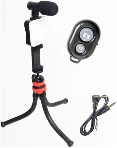 PLOKAMA - PK-776-5-in-1 Smartphone Video Rig, Camera Mount Stabilizer with LED Light, Microphone, U-Grip Handle - (Black)