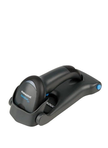 Datalogic QW2120 QuickScan Barcode Scanner with stand, black, ideal for retail, POS, and office barcode scanning.








