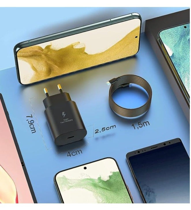 USB-C to USB-C 25W Fast Charger – Compatible with Samsung Galaxy A53, S21, S21 FE, S20, Note 20 Ultra, Note 10 Plus

