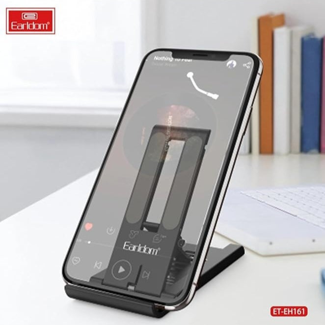 Earldom EH-161 Desktop Adjustable Aluminum Alloy Smartphone Stand with a foldable design, ergonomic viewing angles, and sturdy build, ideal for hands-free phone use