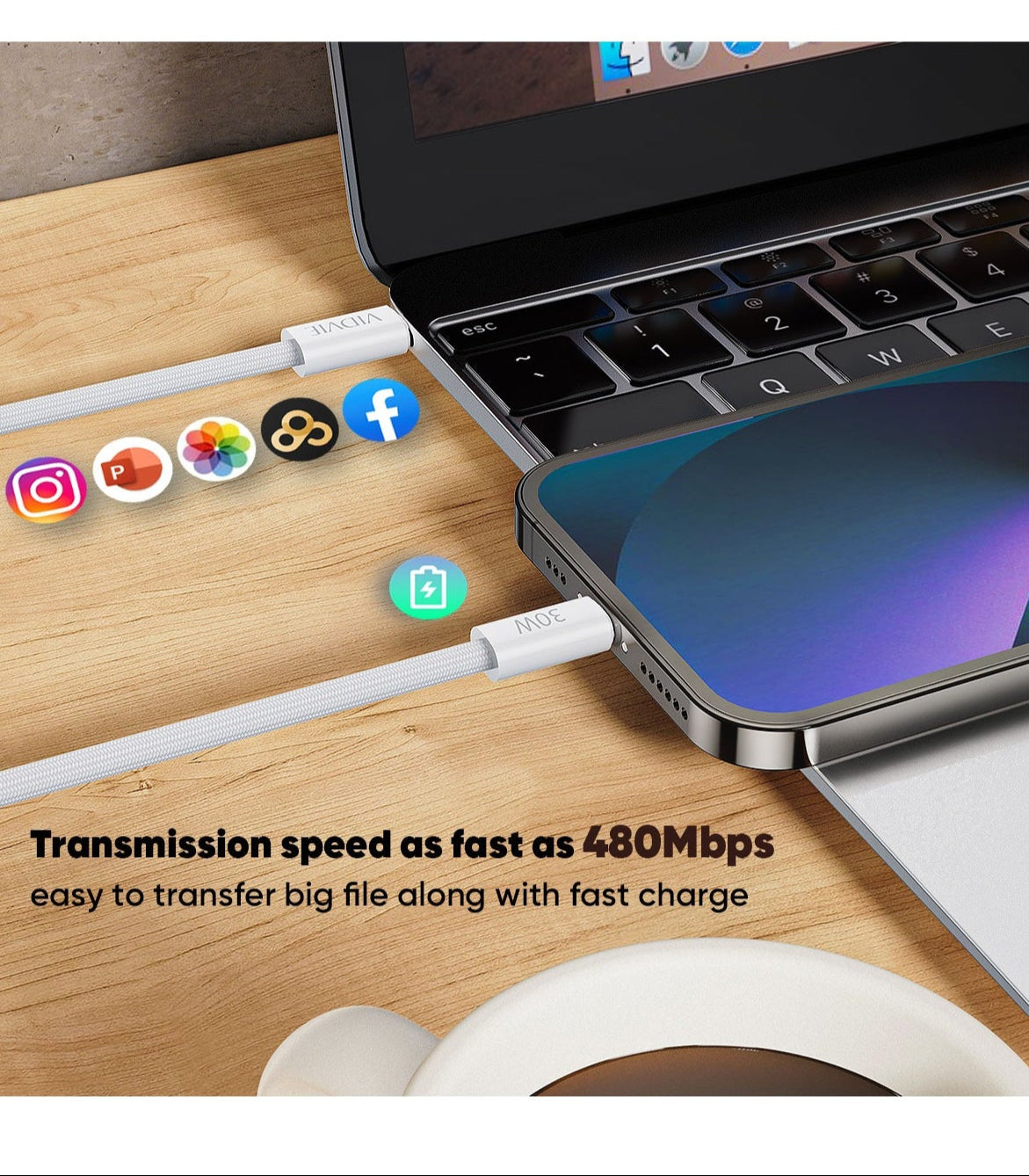 VIDVIE PD (30W) Fast Charging Type-C to Lightning Cable – Durable & High-Speed for iPhone