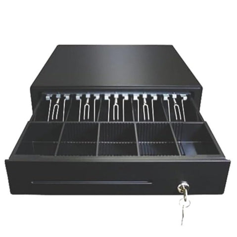Heavy-duty 8.5 kg cash drawer with five compartments, ideal for secure cash management in retail stores and POS systems.