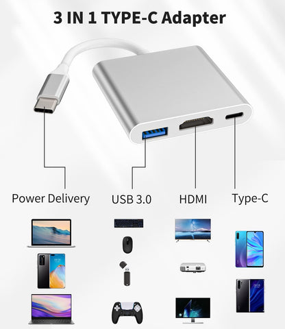 USB C to HDMI+Type-C+USB-A Adapter(3in1)OTG Cable Accessorie TV Digital AV Port Converter Projector Monitor Sync Screen Thunderbolt Charger Splitter 3.0 Mouse Port Adaptador Cord for Samsung Google LG