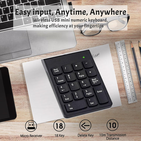 Number Pad Wireless Numeric Keypad Numpad 18 Keys with a 2.4GHz USB Receiver ,Portable and Upgraded 10-Key Financial Accounting Numeric Pad for Surface Pro/laptops/desktops/PC