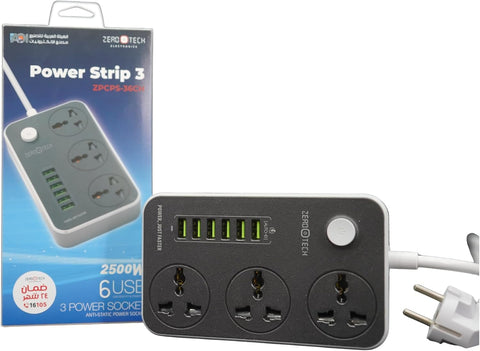 ZEROTECH Multifunctional Power Strip, 3 Power Sockets and 6 USB Ports, 2500W, 10A, Black, with Overcurrent Protection