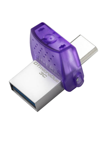 Kingston DataTraveler microDuo 3C 256GB USB flash drive with dual USB-C and USB-A connectors, compact design, and high-speed 200 MB/s transfer rate.







