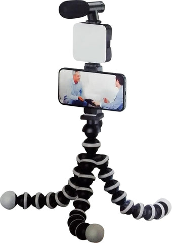 PLOKAMA - PK-775-5-in-1 Smartphone Video Rig, Camera Mount Stabilizer with LED Light, Microphone, U-Grip Handle - (Black)