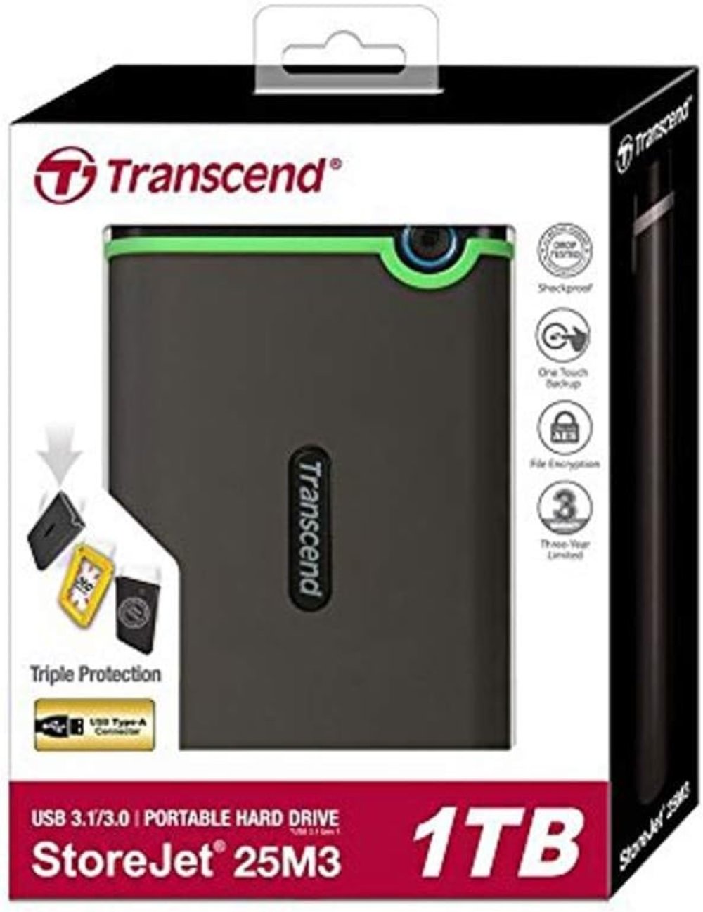 Transcend 1TB Storejet 25M3S rugged 2,5inches USB 3.1 Gen 1 interface Iron Gray, TS1TSJ25M3S 1 TB - WORLD TRADE FOR COMPUTER 