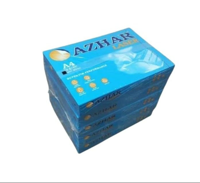 Azhar White Premium A4 Paper 70gsm pack of 5 with 2500 sheets for high-quality printing and copying.