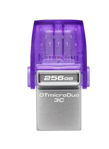 Kingston DataTraveler microDuo 3C 256GB USB flash drive with dual USB-C and USB-A connectors, compact design, and high-speed 200 MB/s transfer rate.







