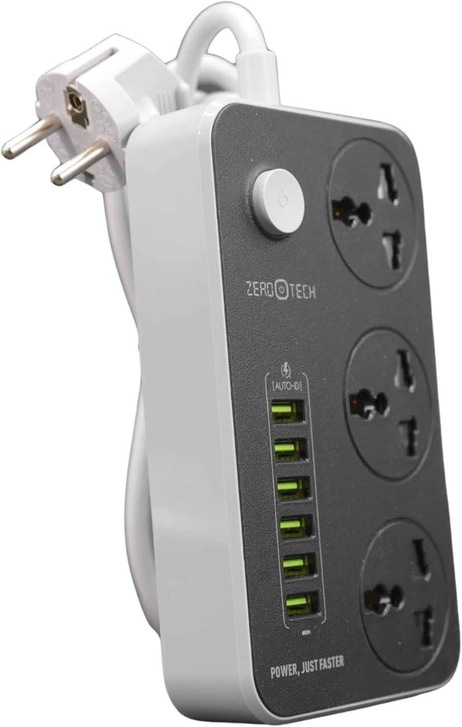 ZEROTECH Multifunctional Power Strip, 3 Power Sockets and 6 USB Ports, 2500W, 10A, Black, with Overcurrent Protection
