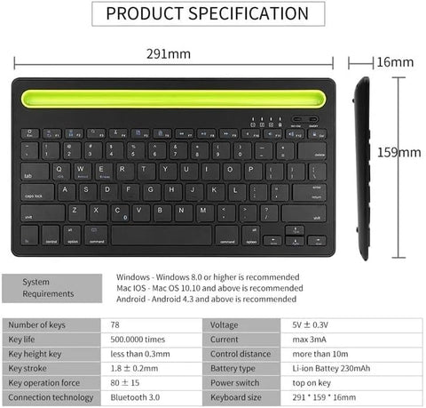 Rechargeable Dual Mode Tablet Keyboard Silent With Mobile Holder, Multi-Devices (BT1, BT2,BT3, 2.4Gh) -10m – IOS/Windows/Android For Smart TV, Tablet (Arabic/Eng. Key) | Black